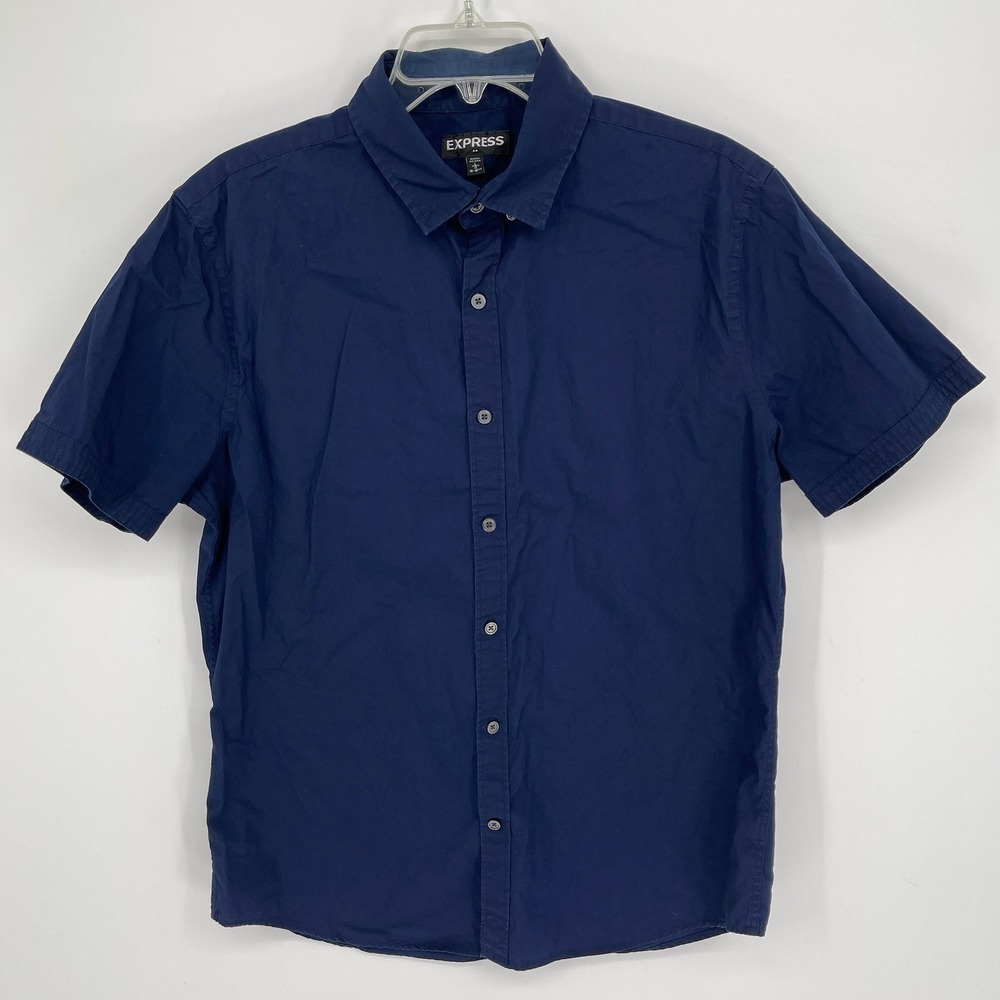 Express Men's‎ Navy Blue Short Sleeve Cotton Classic Button Down Shirt Size L